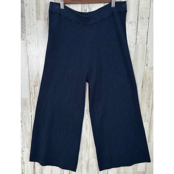 Zara Knit Ribbed Sweater Pants Large Petite Navy Wide Leg Loungewear Boho Preppy - Picture 1 of 9
